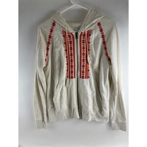 Lucky Bliss Sweater Women's Size S Cream Full Zip Embroidered Hooded Drawstring